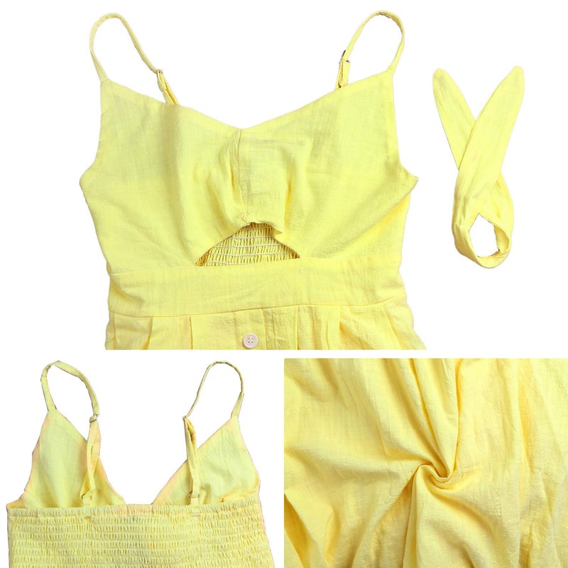 FANCYINN Womens Summer Dresses Yellow Tie Front Button Down Spaghetti Strap Midi Dress Yellow M - Image 5